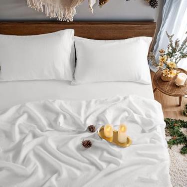 Imagem de REDASW Jogo de lençol completo 100% linho puro 4 peças com bolso profundo para colchão de até 40,6 cm, roupa de cama respirável, macio e confortável para todas as estações (branco, casal)