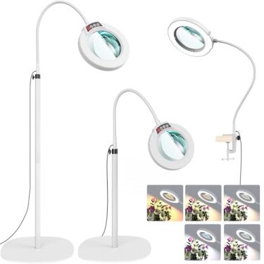 Imagem de Lupa de 10 x com luz e suporte, lente de vidro real de grau óptico, 5 modos de cor, regulável contínuo, lâmpada de piso 3 em 1 flexível pescoço de ganso de 61 cm, lupa iluminada por LED, mãos livres