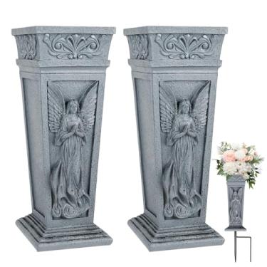 Imagem de Vasos de cemitério para túmulo com ponta de metal, suporte de flores de cemitério memorial de anjo com orifício de drenagem, decorações de cemitério para sepultura, cemitério, jardim, gramado (pacote