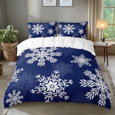 Imagem de AILONEN Conjunto de capa de edredom de floco de neve tamanho casal para crianças e adultos, jogo de cama fofo de flocos de neve de inverno, 3 peças, capa de edredom azul marinho com 2 fronhas
