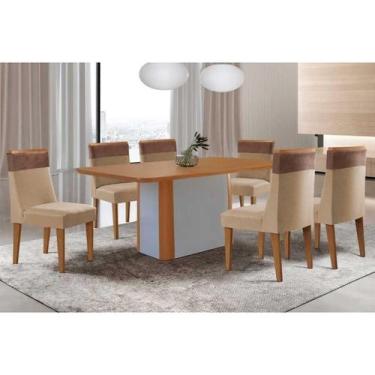 Imagem de Sala Jantar Mesa Pietá Tampo Curvo 180cm+6 Cadeiras Jaspe Madeira Natu