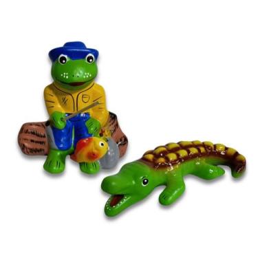 Imagem de Sapo pescador e jacaré em cerâmica estatua decorativa jardim - Loja Mi