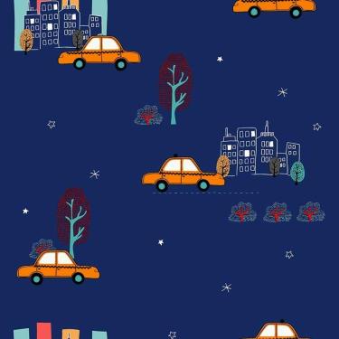 Imagem de Papel De Parede Infantil De Carros, Azul Marinho Com Amarelo