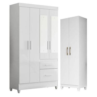 Imagem de Guarda Roupa Solteiro Madri Com Espelho E Armário Multiuso New íris Branco Brilho - Moval