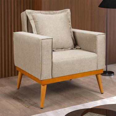 Imagem de Poltrona Florença Decorativa Base Madeira Maciça Design Moderno Conforto Sala de Estar - Bege Linho