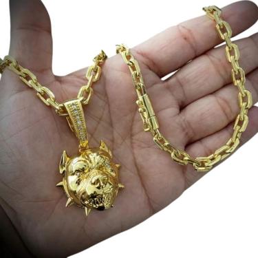 Imagem de Cordão 6Mm Cadeado + Pingente Pitbull - Banhado A Ouro