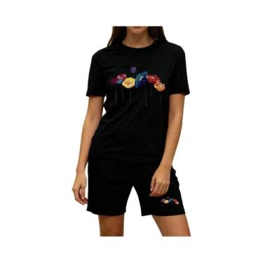 Imagem de Conjunto De Pijama Feminino De Algodão Com Estampa Floral Colorida, Ca