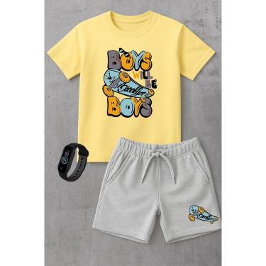 Imagem de Kit Conjunto Infantil Moletinho Camiseta e Short Moda Verão Skate Street Brooklyn com Relógio-Unissex