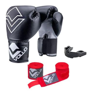Imagem de Kit Boxe Vollo Iniciante Luva 12Oz + Protetor Preto + Bandagem Vermelh