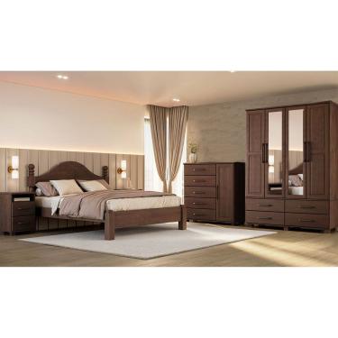 Imagem de Conjunto Quarto Ouro: Guarda-Roupa 4 Portas, Cama Queen, Cômoda Sapateira e 2 Mesas Cabeceiras Café Madeira Pinus