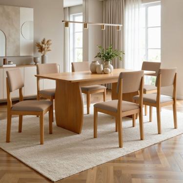 Imagem de Conjunto Sala de Jantar 6 Lugares Retangular Tampo Mdf Mesa e Cadeiras Carol Cinamomo/Off White/Bege