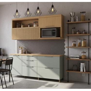 Imagem de Cozinha Modulada Nesher Marquesa 200cm em MDF com 4 Peças: 2 Balcões e 2 Armários Aéreos Nature/Off-White