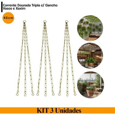 Imagem de 3 Suportes Corrente Tripla Dourada 45cm com Gancho p/ Vasos e Xaxim - 