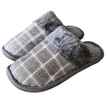 Imagem de Pantufa Xadrez Cinza Premium Antiderrapante Confortável Masculina Pelu