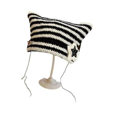 Imagem de Gorro De Malha Y2K Com Orelhas De Gato E Listras Estilo Diabo, Fofo Pa