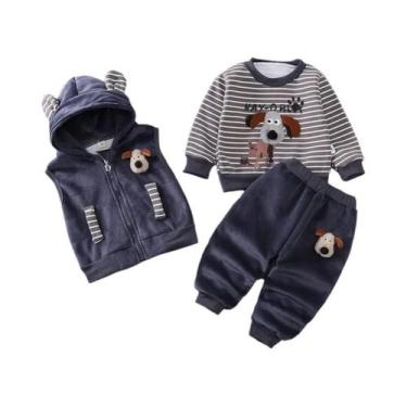 Imagem de Conjunto De 3 Peças De Casaco E Calça De Lã Com Capuz Para Bebês Menin