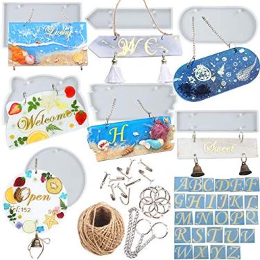 Imagem de FUNSHOWCASE Conjunto de moldes e acessórios de silicone para placa de resina epóxi, etiquetas para pendurar em concreto de argila de polímero, placas de número de porta, pacote com 55 lotes de sinais, extra grandes de 22,4 a 25,7 cm