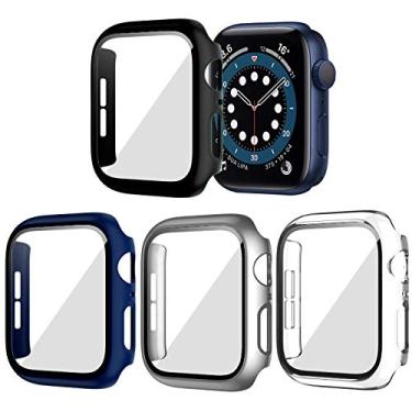 Imagem de BHARVEST Pacote com 4 capas rígidas para PC compatível com Apple Watch SE 2022/Series 6/5/4/SE 40 mm, capa com protetor de tela de vidro temperado capa sem bolhas para acessórios iWatch, preto + azul + prata + transparente