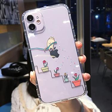Imagem de Capa de telefone para iPhone 11 13 Pro MAX XS XR X 12 Mini 7 8 Plus Bonito Desenho Animado Animal Cão Gato Porco Capa Traseira à prova de choque, flor de água, para iPhone 12 Mini