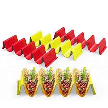 Imagem de Suporte estilo bandeja de caminhão de taco, comporta até 4 tacos cada, material ABS de saúde muito rígido e resistente, seguro para lava-louças e micro-ondas, seguro para lava-louças (2 azuis, 2 amarelos, 2 vermelhos)