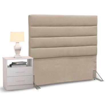 Imagem de Cabeceira Cama Box Solteiro 90cm Greta Suede Bege e 1 Mesa de Cabeceira Flex DM1 Branco - Mpozenato