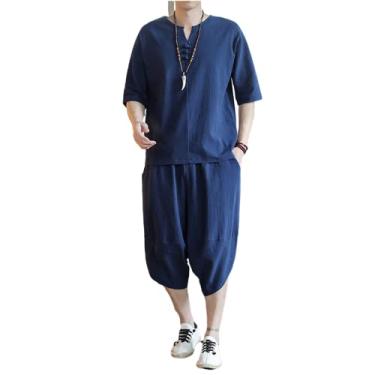 Imagem de Tampos de roupas em estilo chinês masculino, camisetas de mangas curtas, fundo, calças cortadas, algodão solto e respirável e roupas de linho,Navy blue,XL