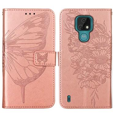 Imagem de Capa flip para Motorola Moto E7, carteira de couro PU em relevo borboleta flor capa de telefone com slots para cartão [recurso de suporte] [alça de pulso] capa protetora flip para telefone