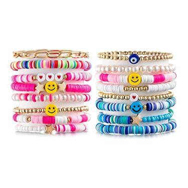 Imagem de FUNDI 16 Pieces Preppy Heishi Stackable Bracelets for Women，Cute Colorful Beach Bracelets for Women,Smile Evil Eye Pearl Bohemian Aesthetic Beaded Elastic Bracelet for Valentine's Day Gift