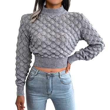 Imagem de Suéter feminino de gola redonda manga longa suéter casual moletom pulôver grande cor sólida suéter de malha tops, cinza, P