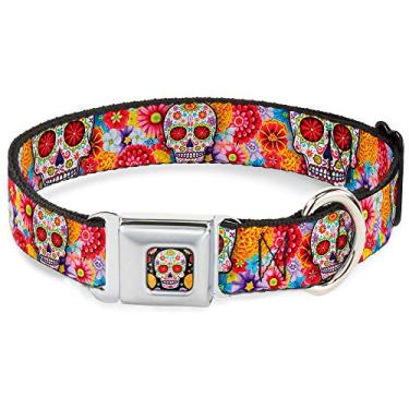 Imagem de (2.5cm Wide - Fits 28cm - 43cm Neck - Medium, Sugar Skull Starburst White/Multi Color) - Buckle Down Seatbelt Buckle Dog Collar