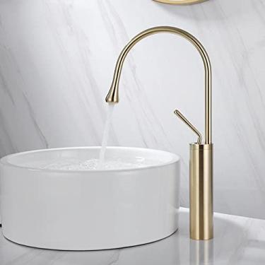 Imagem de Torneira de lavatório estilo gota de latão escovado Torneiras de banheiro Quente Frio Misturador Torneiras giratórias 360° Cachoeira, Ouro escovado alto