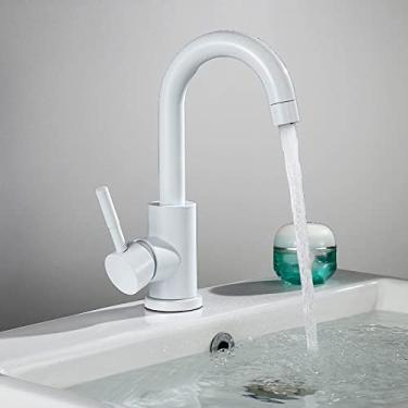 Imagem de Torneira para lavatório de banheiro de aço inoxidável Lavagem a frio quente Misturador Torneira de guindaste Rotação Torneiras de pia Manípulo único, branco A