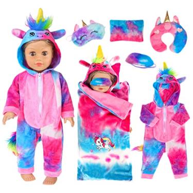 Imagem de ebuddy Roupas e acessórios de boneca de 45,72 cm - fantasia de boneca de unicórnio colorido conjunto de saco de dormir para boneca de menina de 45,72 cm, a maioria das bonecas de 45,72 cm (sem boneca)