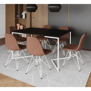 Imagem de Mesa Jantar Industrial Preta Base V 137x90cm C/ 6 Cadeiras Estofadas Caramelo Eiffel Aço Branco 
