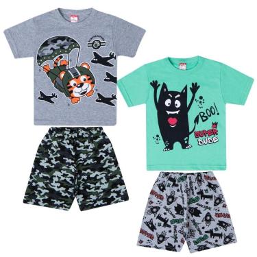 Imagem de Kit 2 Conjunto Infantil Masculino Camiseta Bermuda Estampada Verão Menino-Masculino