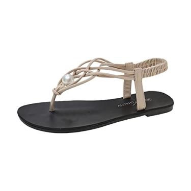 Imagem de Sandálias femininas de salto elástico boho sandália tanga banda praia sapatos femininos sandálias de pérola moda salto alto feminino (bege, 8)