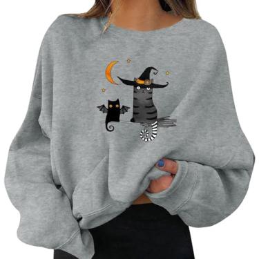 Imagem de Moletom feminino com estampa de Halloween, gola redonda, pulôver, tops, camisas casuais de manga comprida, blusa solta/386 (Color : A08-gray, Size : X-Large)