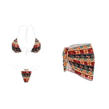 Imagem de Yewattles Conjunto de biquíni triangular, 3 peças, com saída de sarongue para mulheres, biquíni com cordão de amarrar no pescoço, Asteca, G