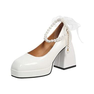 Imagem de Sapatos femininos fashion Mary Jane sapatos de salto alto de couro plataforma versátil cabeça quadrada pérola sandálias saltos para, Branco, 7