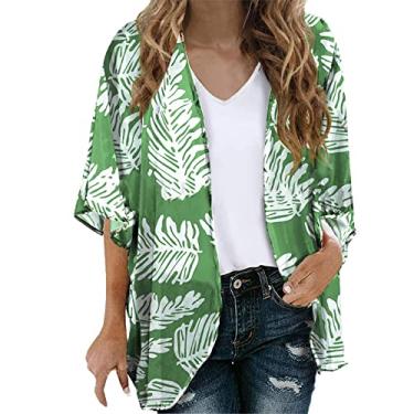 Imagem de Blusa feminina havaiana chiffon estampa floral manga bufante kimono cardigã solto blusa tops havaiano Top de verão Cobertura de praia Camisa plissada Blusa Camiseta F47-Verde X-Large