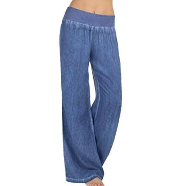 Imagem de BFAFEN Calça feminina de perna larga de cintura alta com elástico, calça longa, casual, elástica, folgada, para mulheres, Calça feminina de perna larga azul, XXG