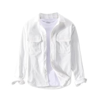 Imagem de Camisa masculina primavera outono estilo japonês diário casual manga longa bolso veludo cotelê camisa solta, Branco, PP