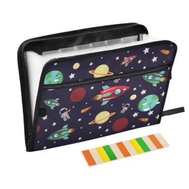 Imagem de Pasta de arquivo expansível – Rocket Planets Star Astronaut Pastas de arquivo sanfonada com 13 bolsos com etiquetas adesivas, organizador de documentos em papel tamanho carta A4 com fecho de zíper