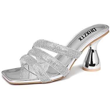 Imagem de OHXZTX Sandálias femininas quadradas com strass sem cadarço, peep toe, salto grosso, mules, moda sexy, vestido de casamento aberto nas costas, chinelos de salto alto, Prata, 9.5