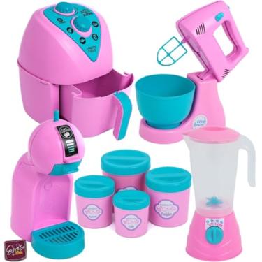 Imagem de KIT 8 Brinquedos de cozinha Eletrodomésticos Infantil Faz De Conta Rosa de Menina- AIR FRYER, CAFETEIRA, LIQUIDIFICADOR