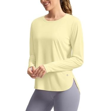 Imagem de Camisetas femininas com proteção UV FPS 50+, de manga comprida, leve, secagem rápida, para treinos e caminhadas, Amarelo claro, M
