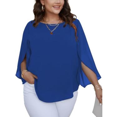Imagem de SCOMCHIC Blusas plus size para mulheres verão manga morcego chiffon túnica elegante gola canoa casual solta camisas soltas, Azul-real, 3G Plus Size