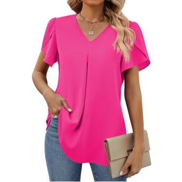 Imagem de Funlingo Blusas femininas de verão de manga curta elegantes de chiffon, gola V, túnica de trabalho, camisetas casuais soltas, Vermelho rosa, M