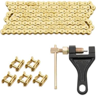 Imagem de ASDFGHT Corrente de motocicleta 420 dourada - Corrente 420 resistente 132 elos com disjuntor de corrente - Ideal para quadriciclo de 110cc 125cc ATV Dirt Bike Mini Bike Scooter Quad e mais