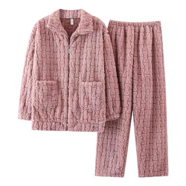 Imagem de LUBOSE Pijama longo feminino, conjunto de pijama grosso de flanela, pijama de duas peças, conjunto de pijama casual de manga comprida (G, roxo)